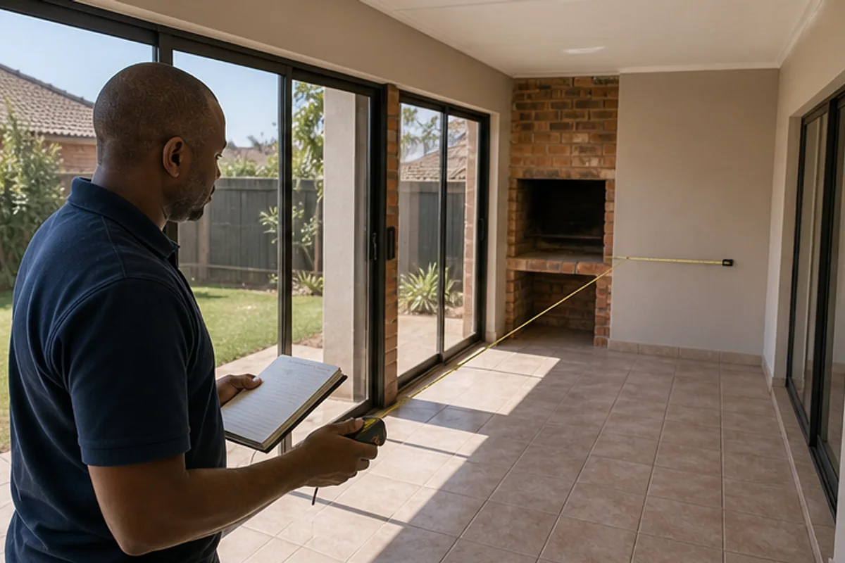 Draughtsperson measuring an enclosed patio with a laser measure