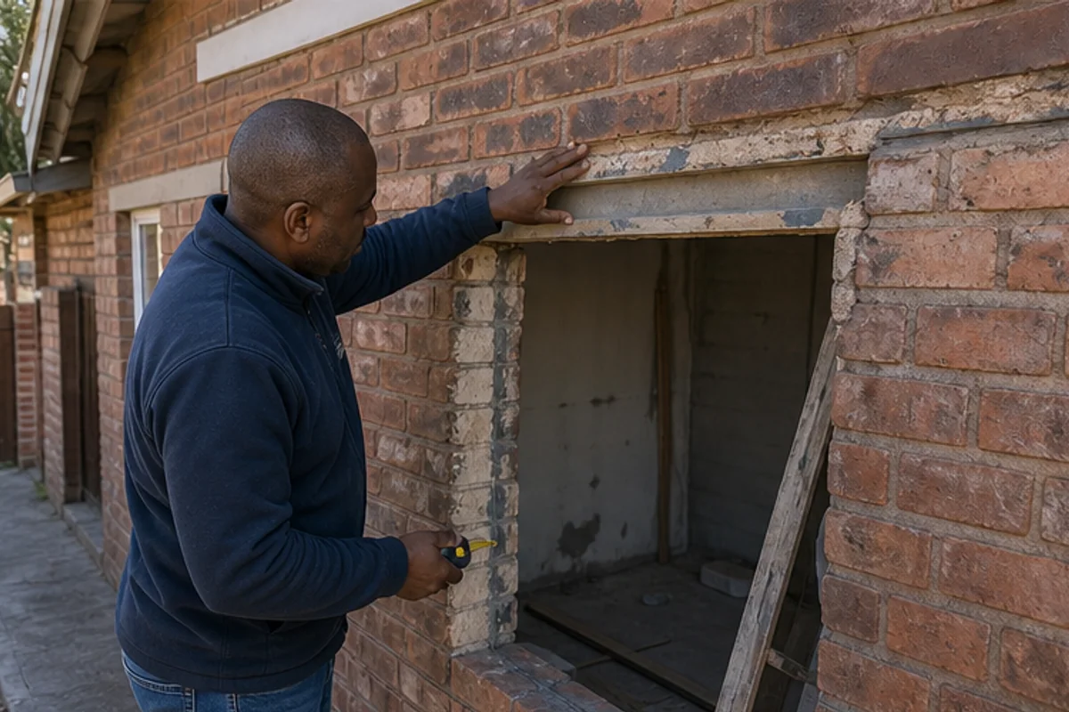 Contractor checking corrective brickwork and lintel details on an opening
