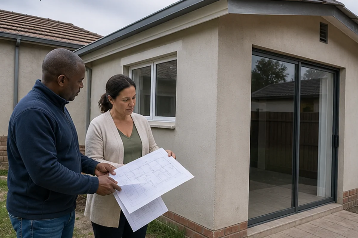 Homeowner and consultant comparing old plans with a newly built room