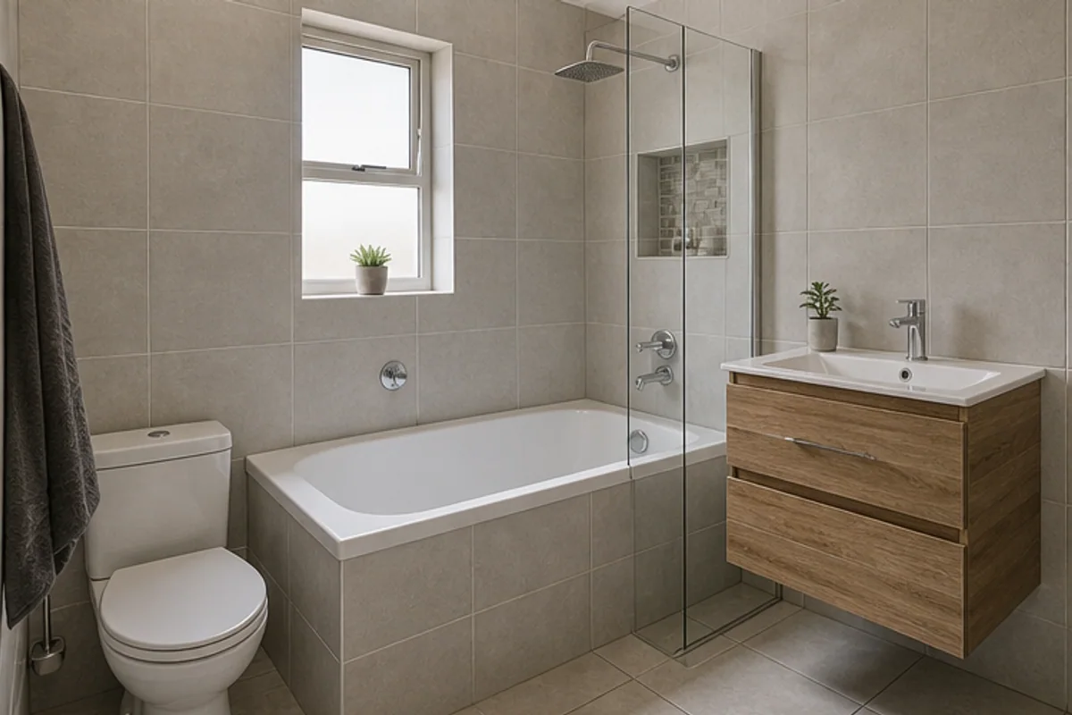 Finished mid range bathroom with vanity, shower screen and clean tilework