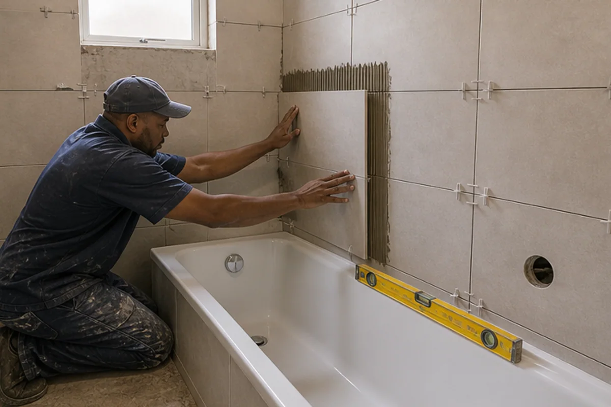 Large format wall tiles being set around a bath with spacers