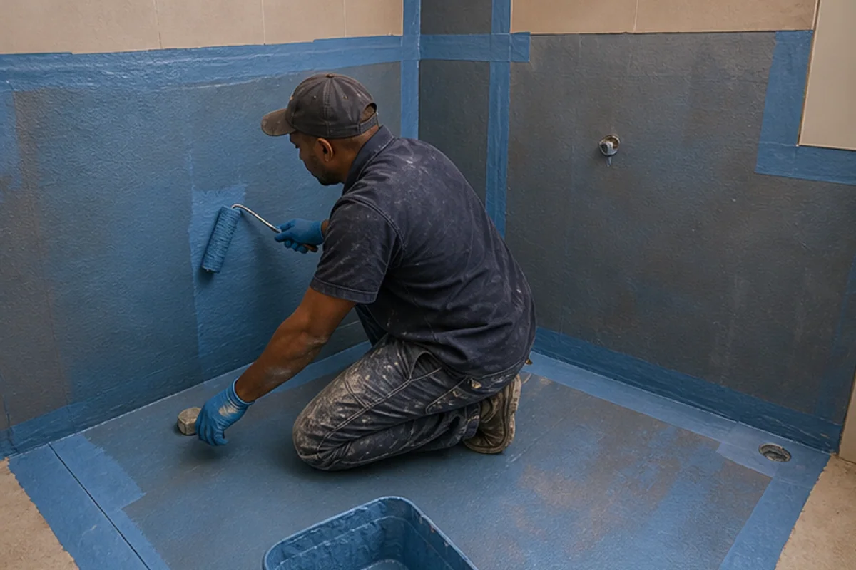 Installer applying waterproofing membrane to a shower wall and floor