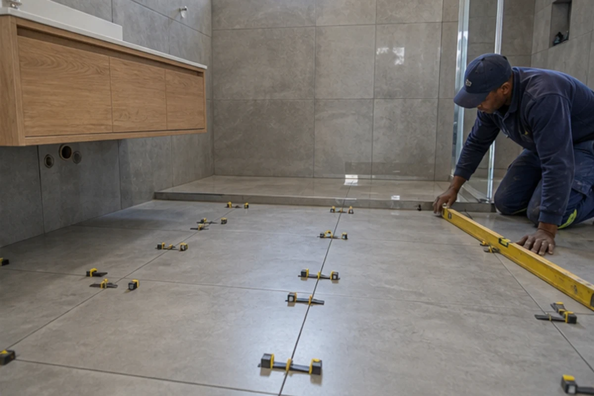 Installer checking large-format bathroom floor tiles with a long level and clips