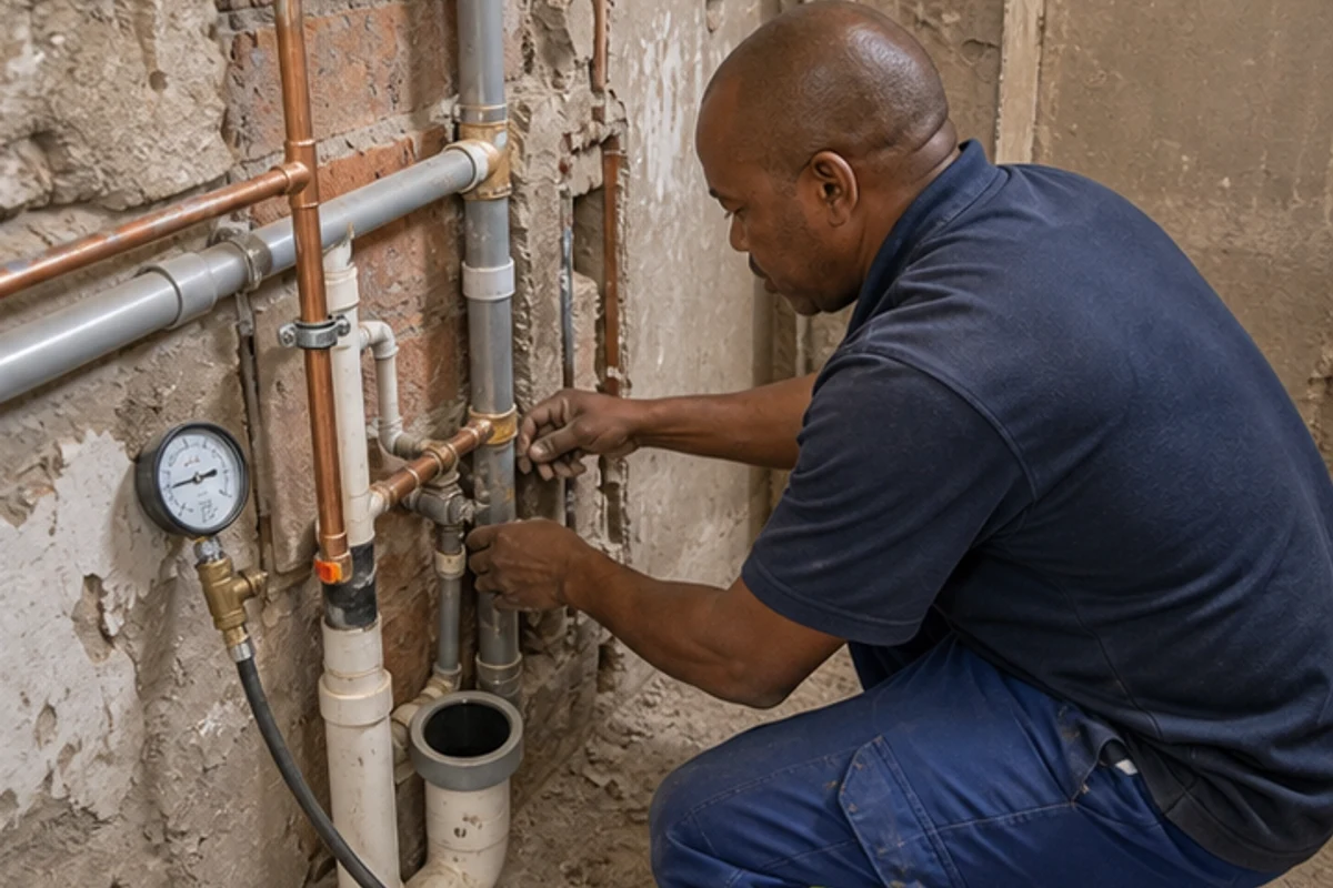 Plumber pressure testing copper and waste pipework in an opened bathroom wall