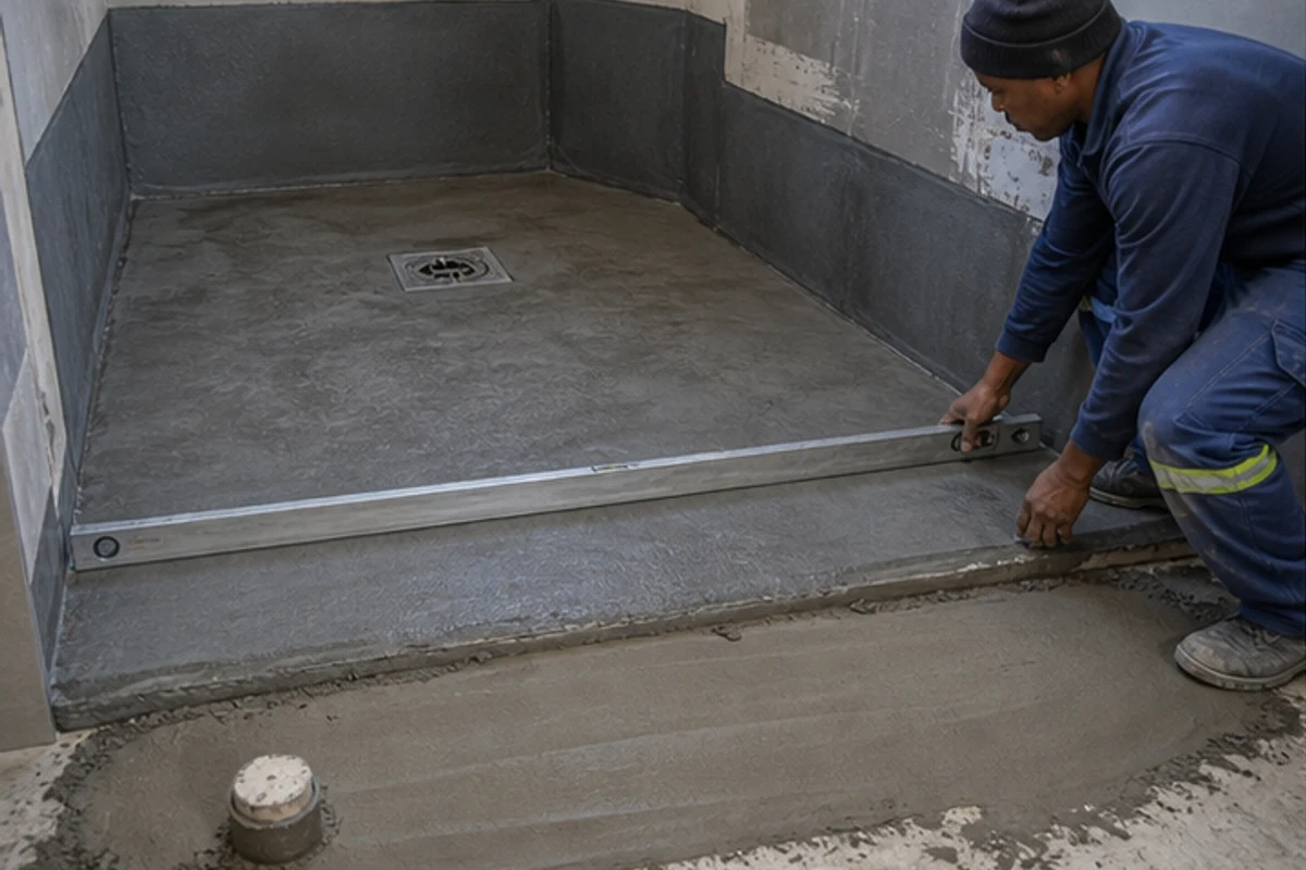 Worker checking a waterproofed shower floor with a long level