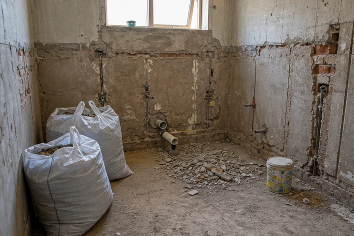 Stripped bathroom with exposed service points and rubble bags before renovation
