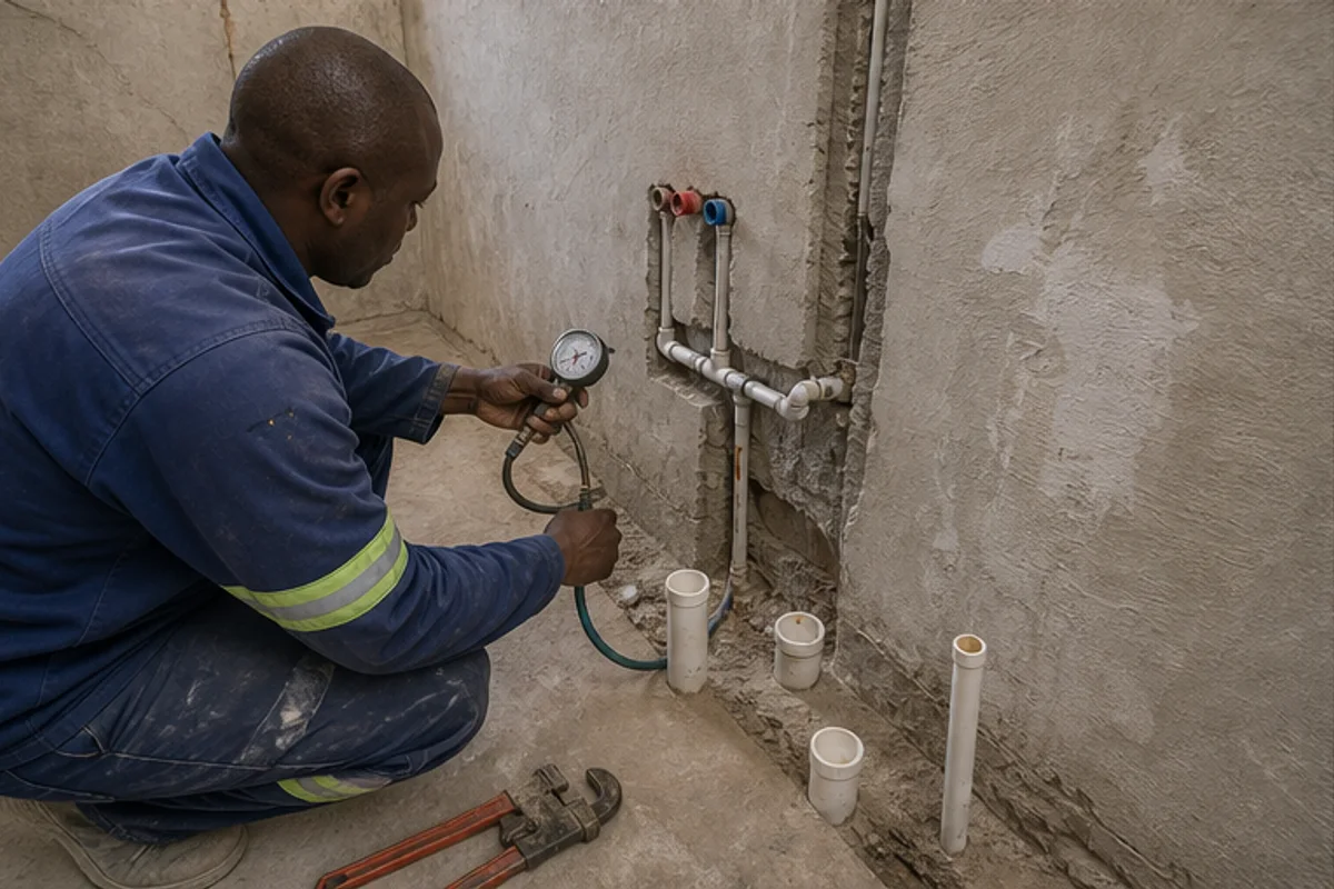 Contractor pressure testing bathroom pipework before walls are closed