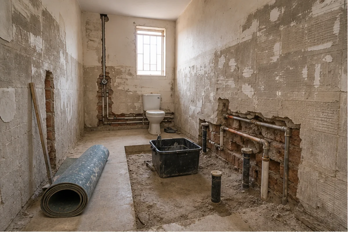 Stripped bathroom with exposed pipes before renovation work continues