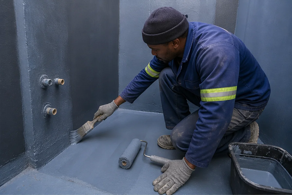 Waterproofing membrane being brushed onto a shower area