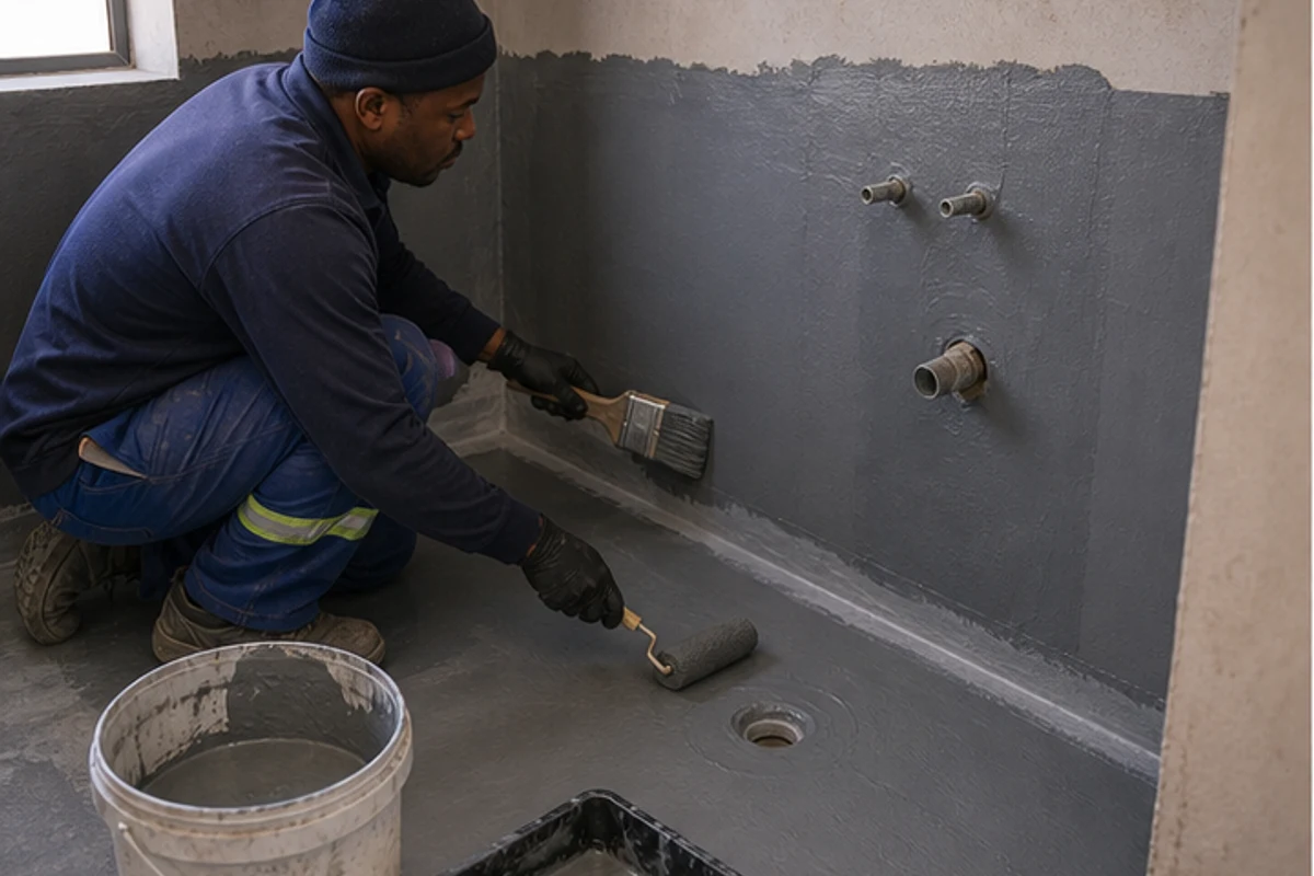 Waterproofing membrane brushed into the corners of a shower area