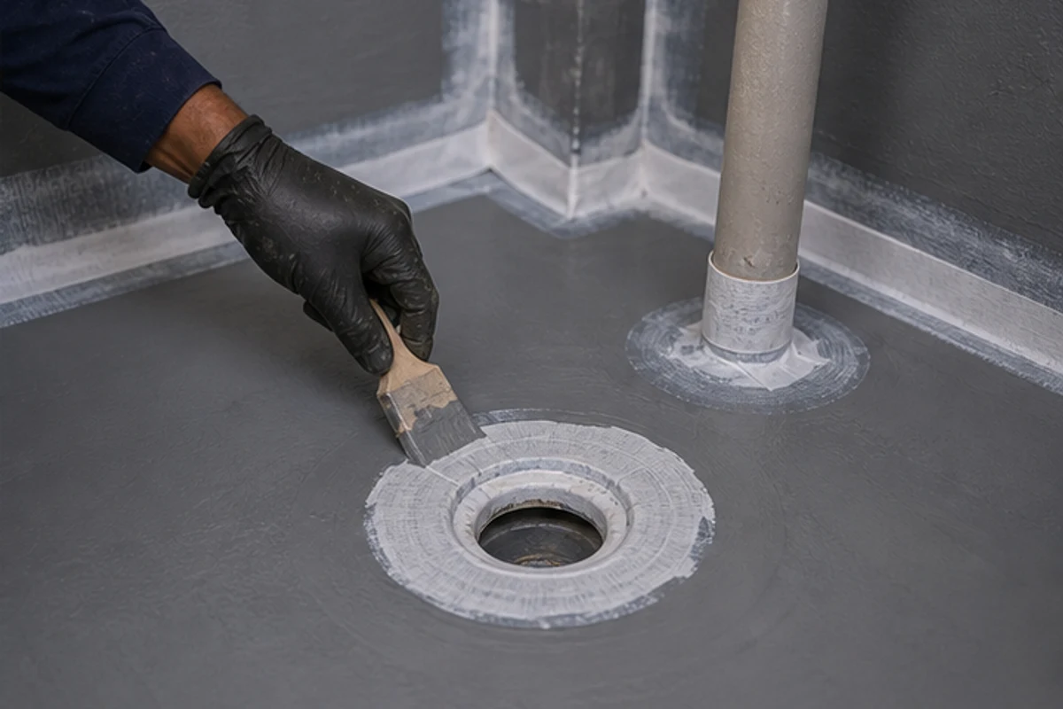 Waterproofing tape sealed around bathroom pipe penetrations