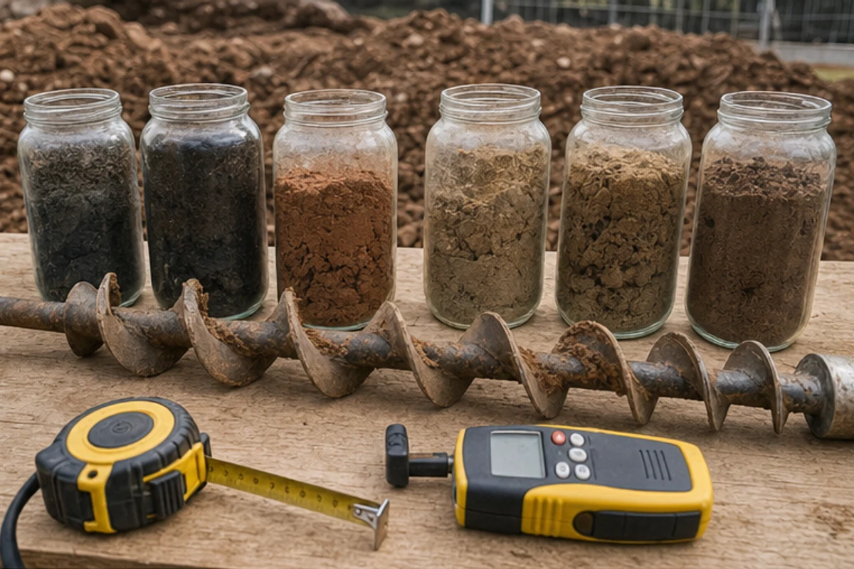 Soil jars, auger, moisture meter and tape measure arranged on a site table