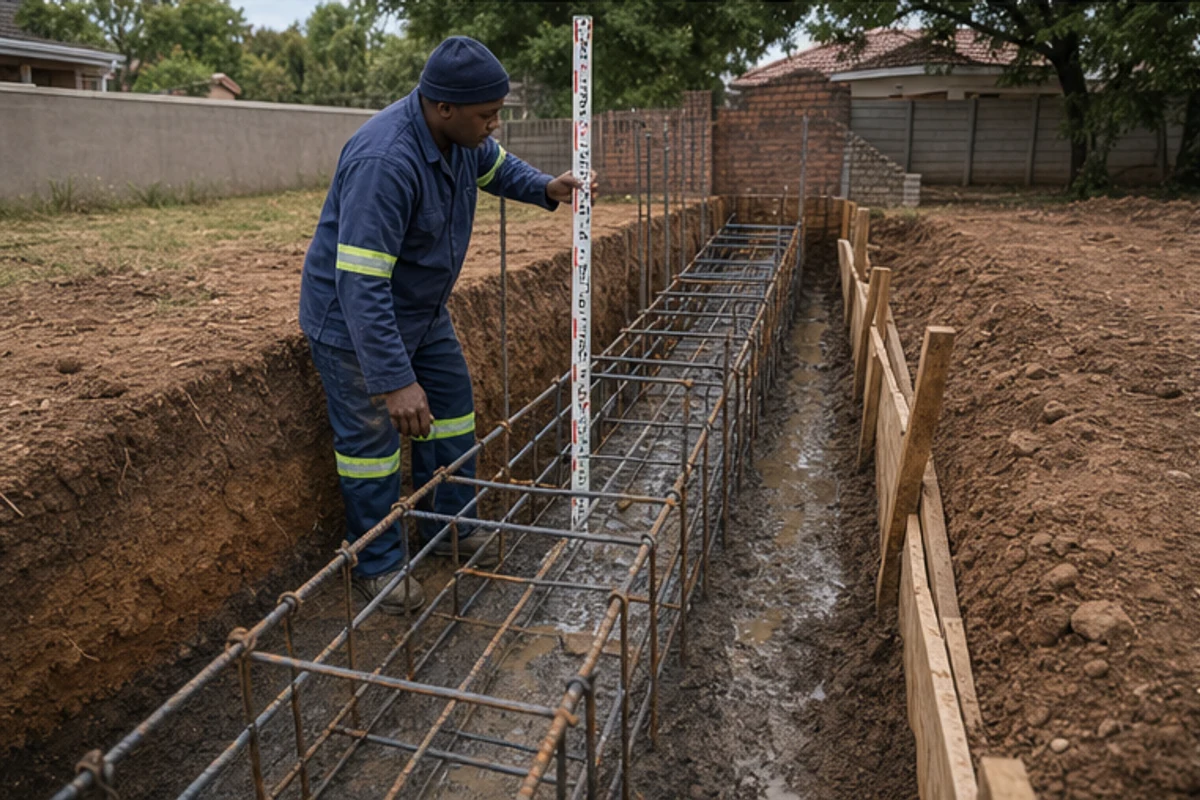Worker checking reinforcement in a foundation trench with wet clay at the base
