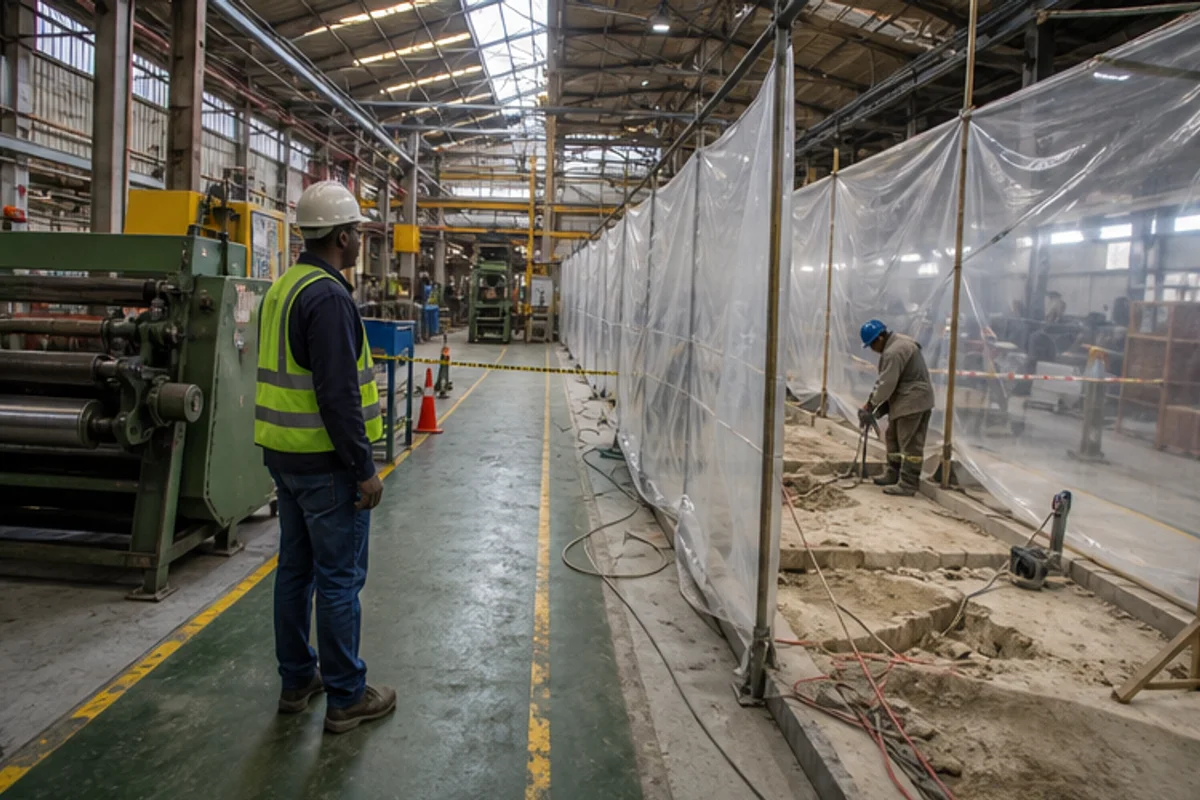 Factory slab repair area screened off from active production equipment