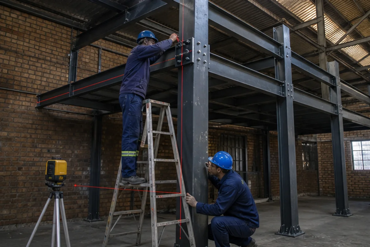 Steel support frame checked with a laser level inside an older factory