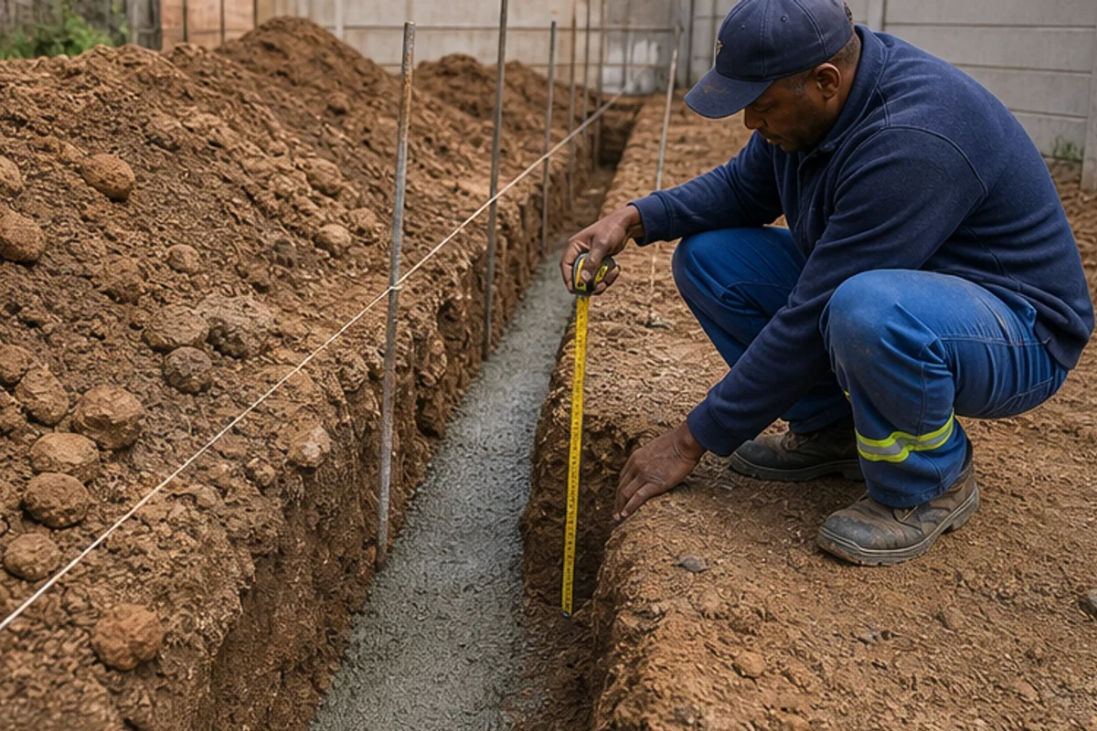 Contractor reviewing foundation trench depth and soil before a wall estimate