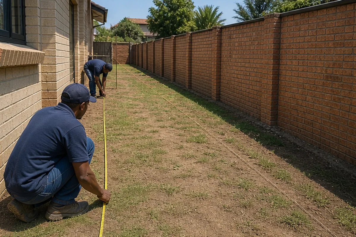 Homeowner and builder measuring boundary wall length with a tape measure