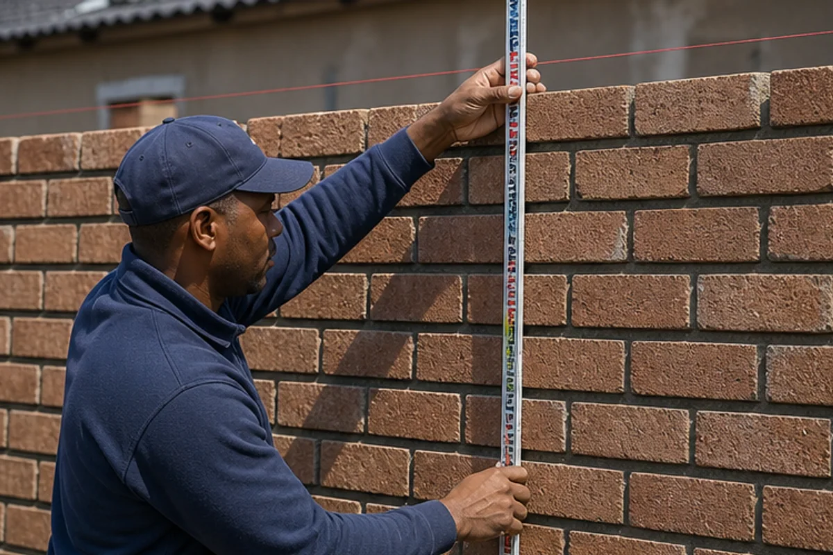 Wall height being checked with a measuring staff beside brick courses