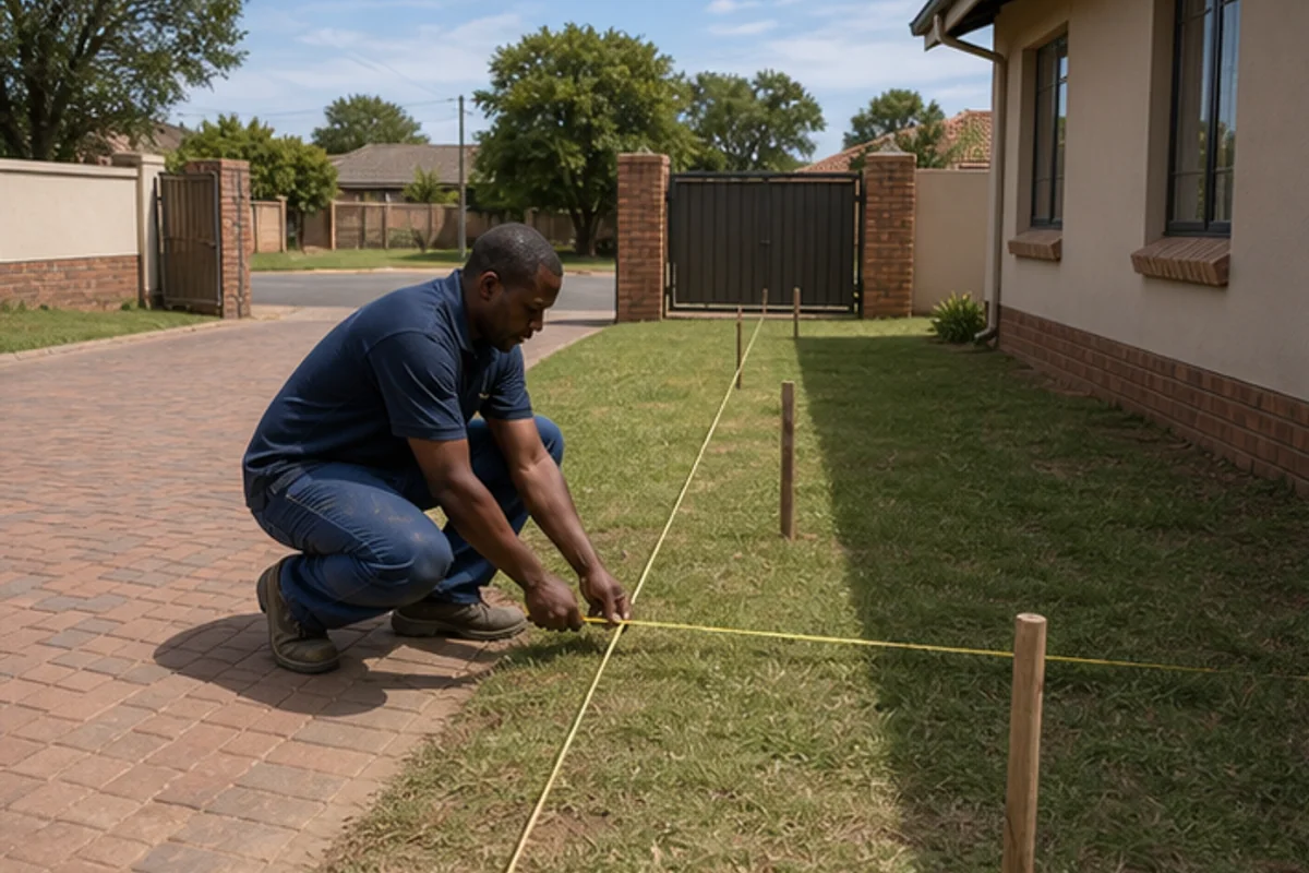 Builder measuring a boundary line with pegs and string beside a driveway