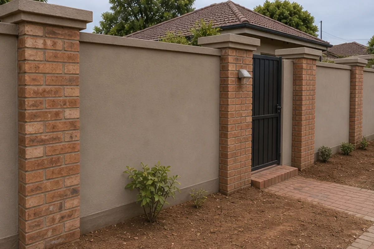 Finished plastered boundary wall with coping and gate opening