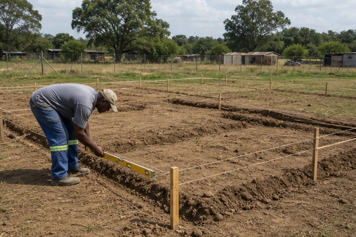 Cottage foundation footprint set out with pegs on a spacious plot