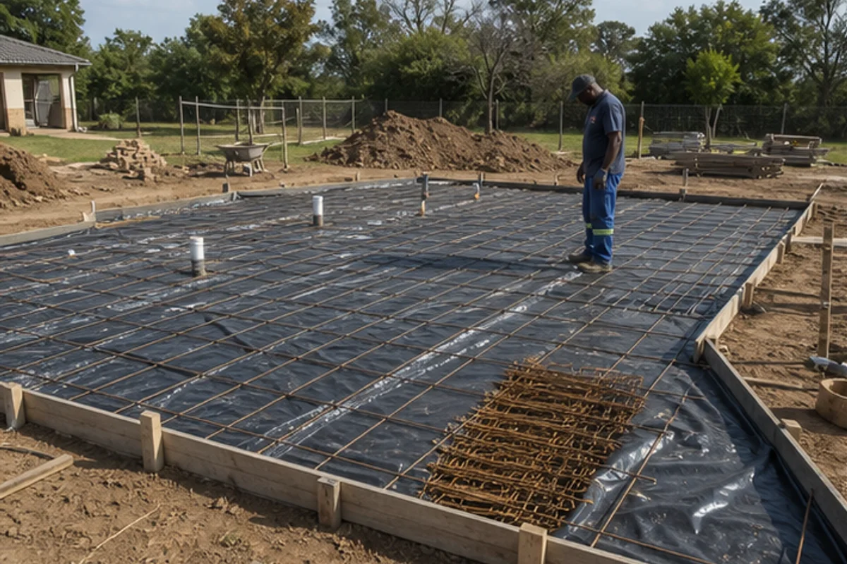New build surface bed prepared with formwork and damp proof membrane