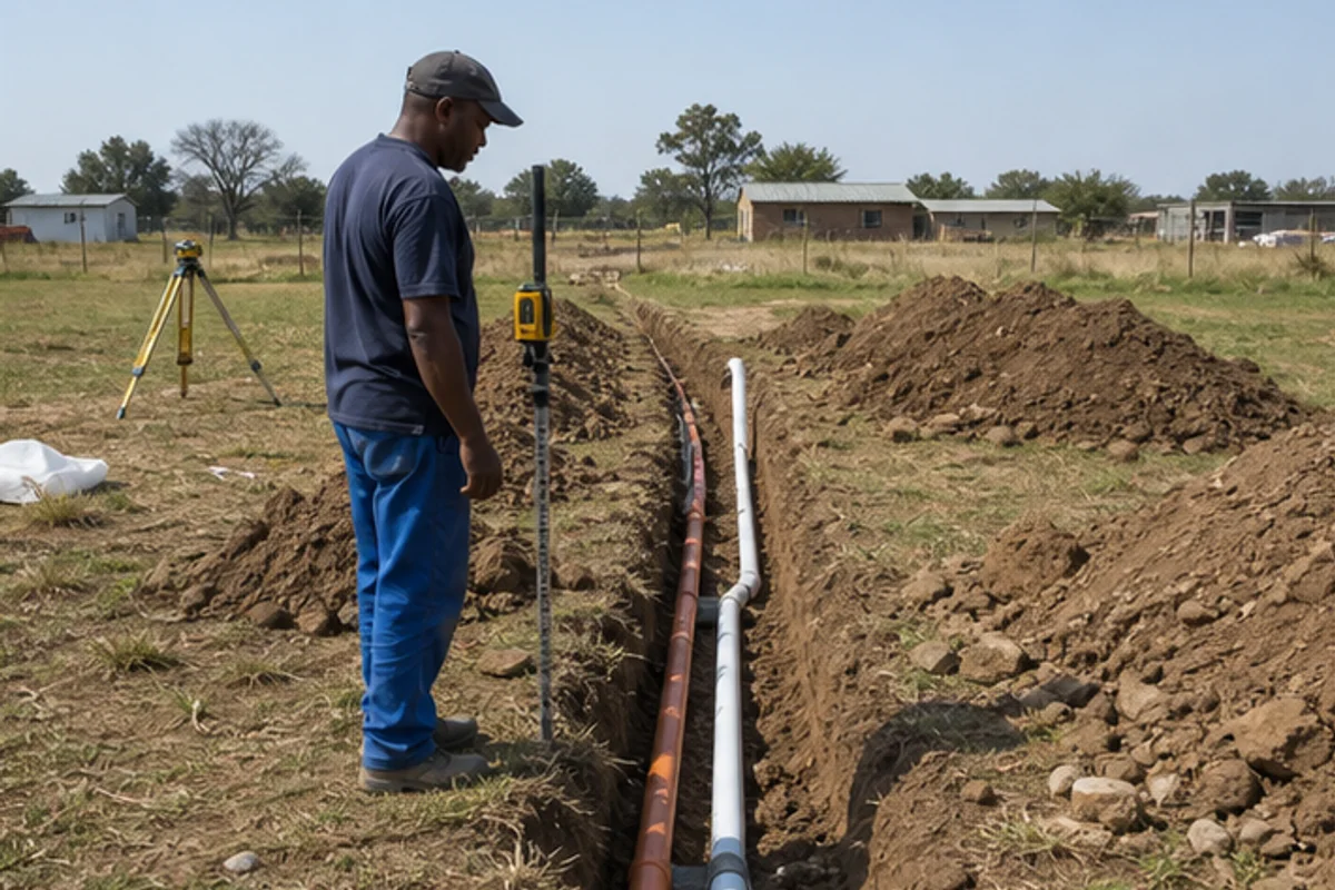Builder checking pipe fall in a services trench across a plot