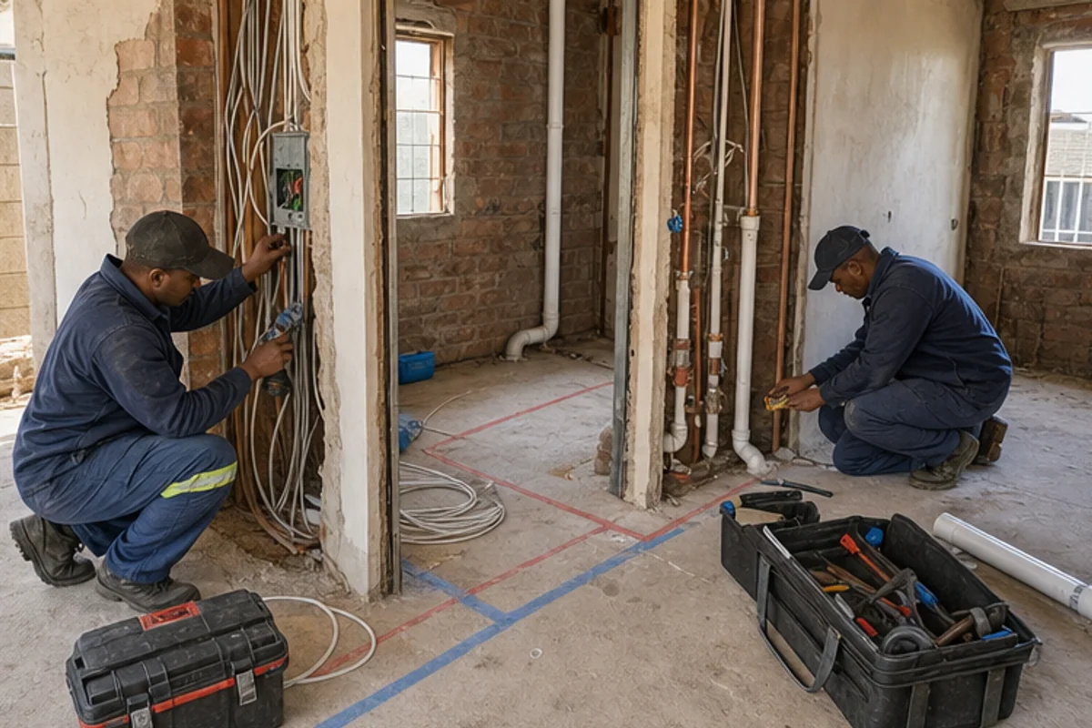 Electrician and plumber working in separate rough in zones during a renovation