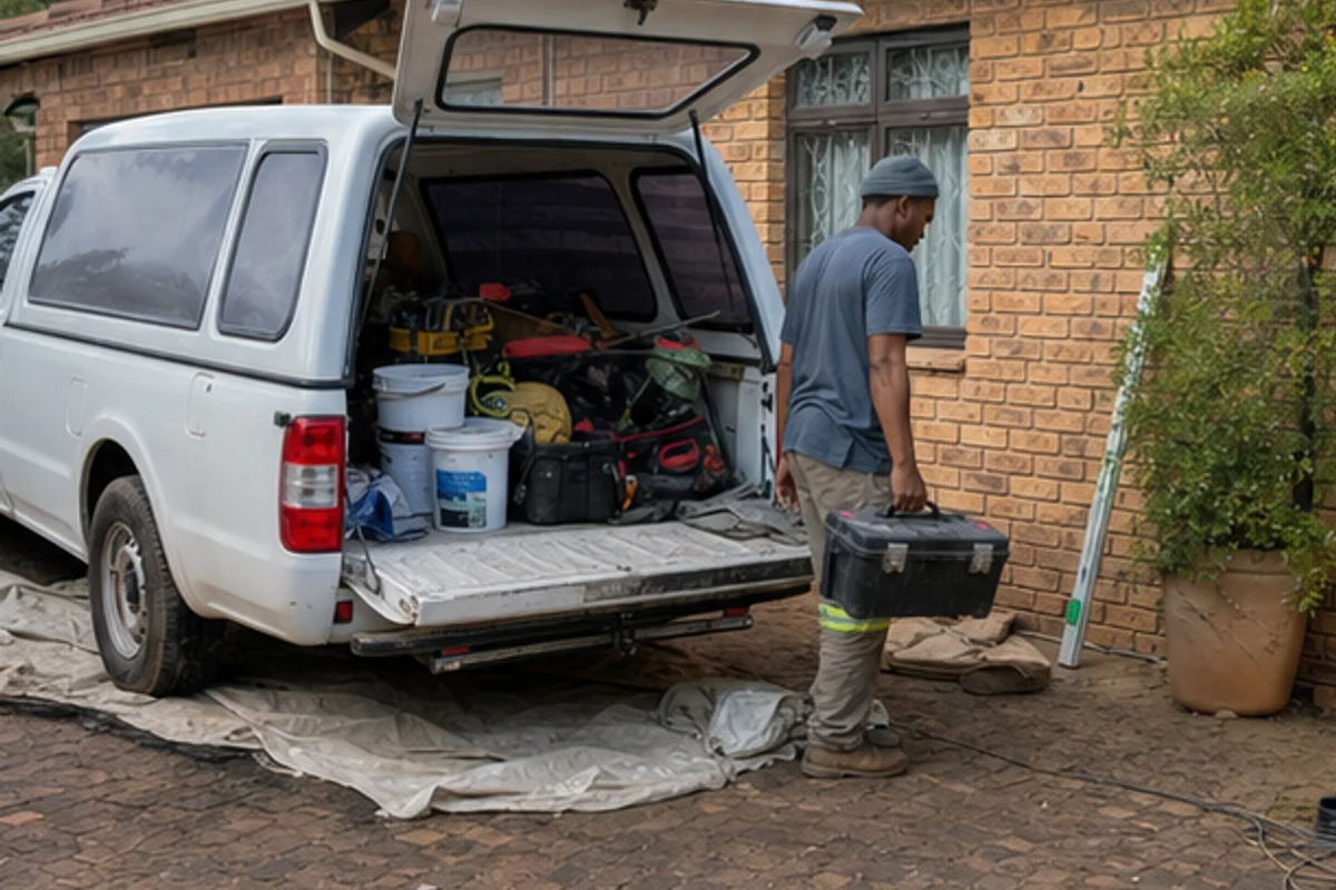 Tools and drop sheets unloaded from a plain contractor van outside a brick home