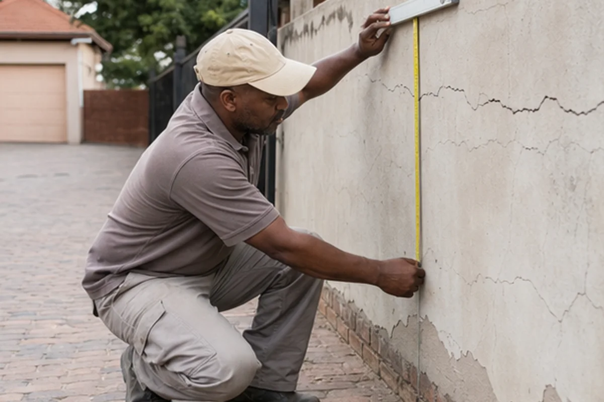 Builder measuring a cracked plaster boundary wall at a suburban driveway