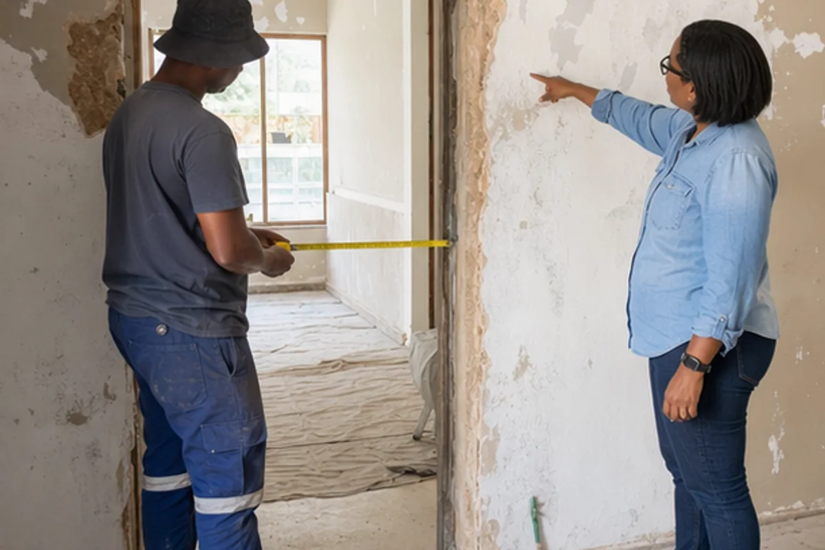 Builder measuring a doorway opening during an interior renovation site visit