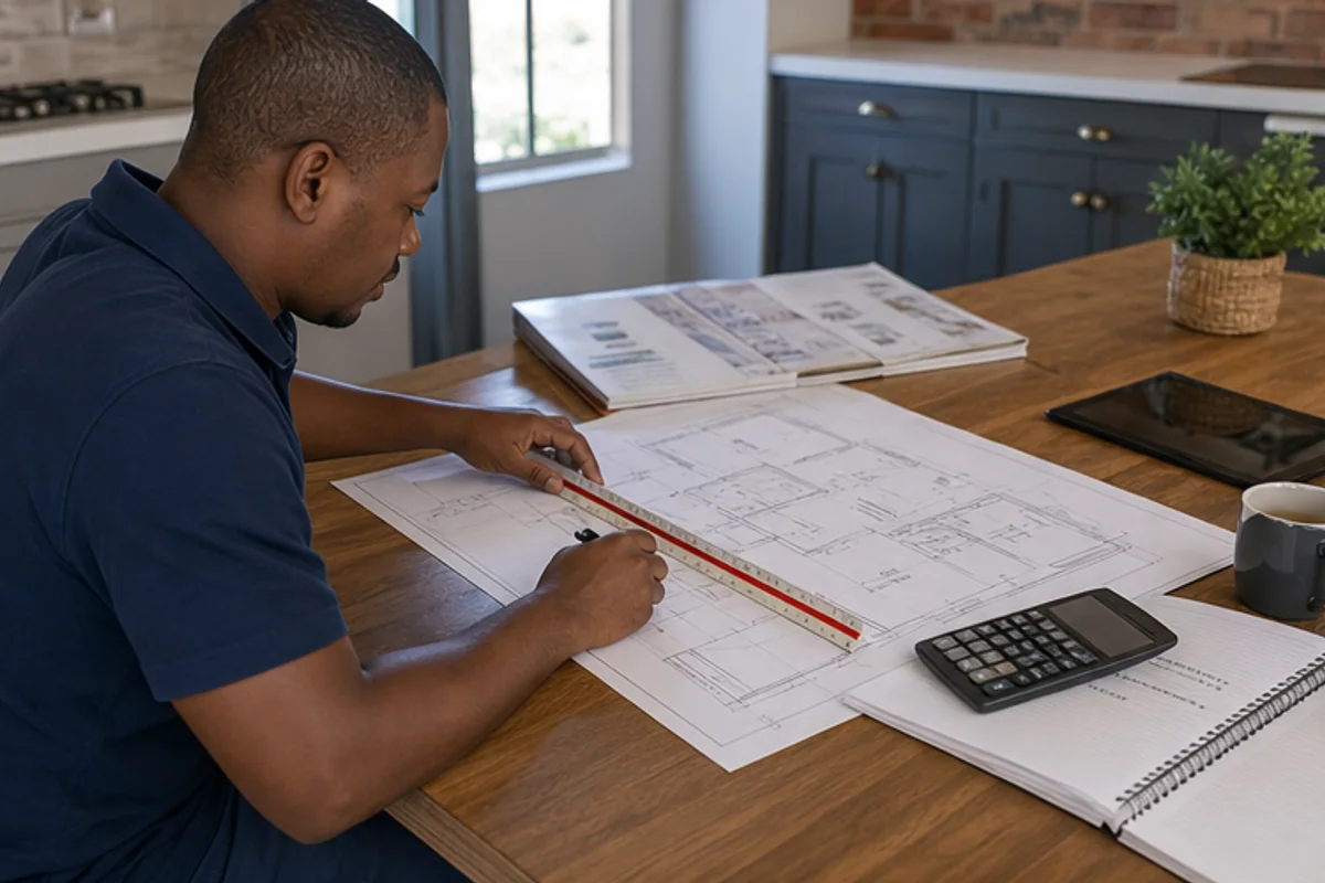 Homeowner measuring a floor plan print with a scale ruler and calculator