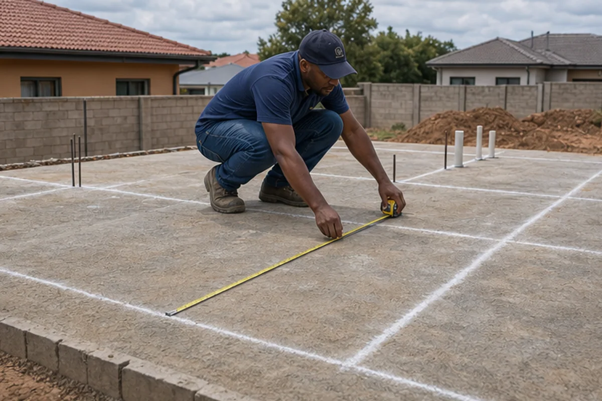 Contractor measuring outside wall to wall floor area on a marked slab