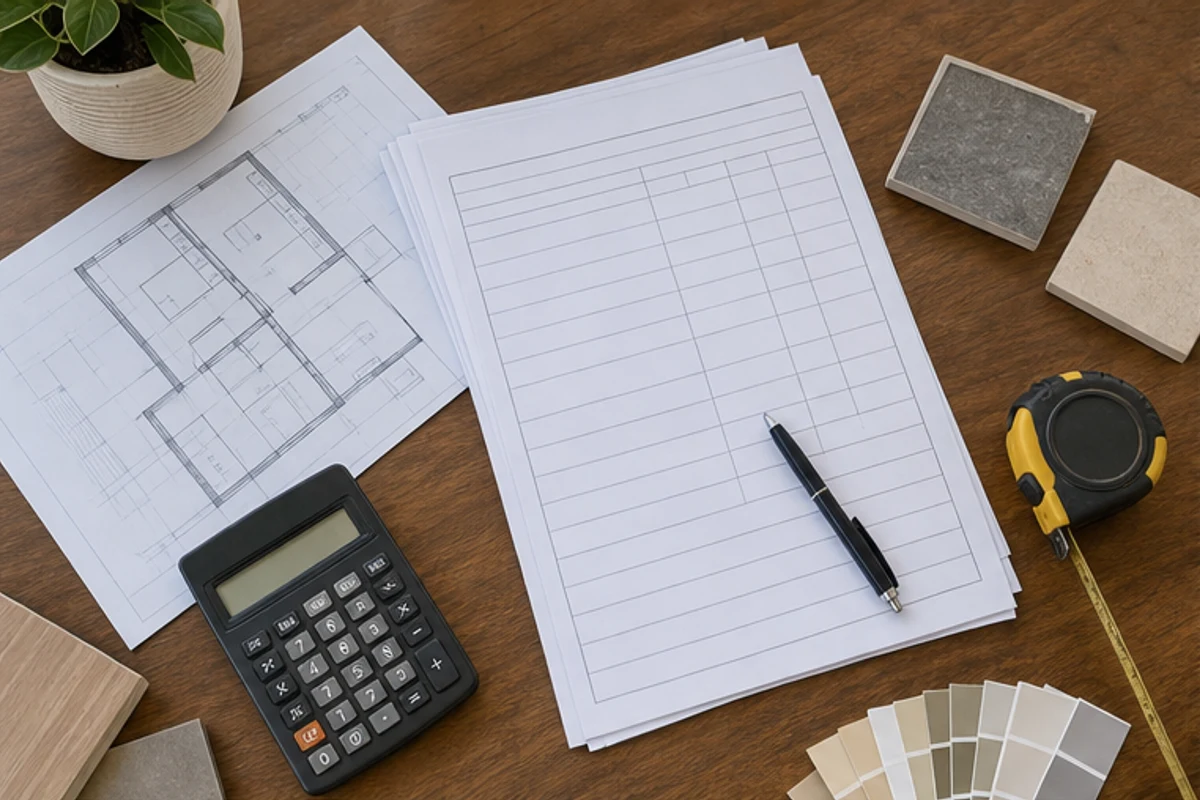 Blank payment schedule and floor plan beside a calculator and samples