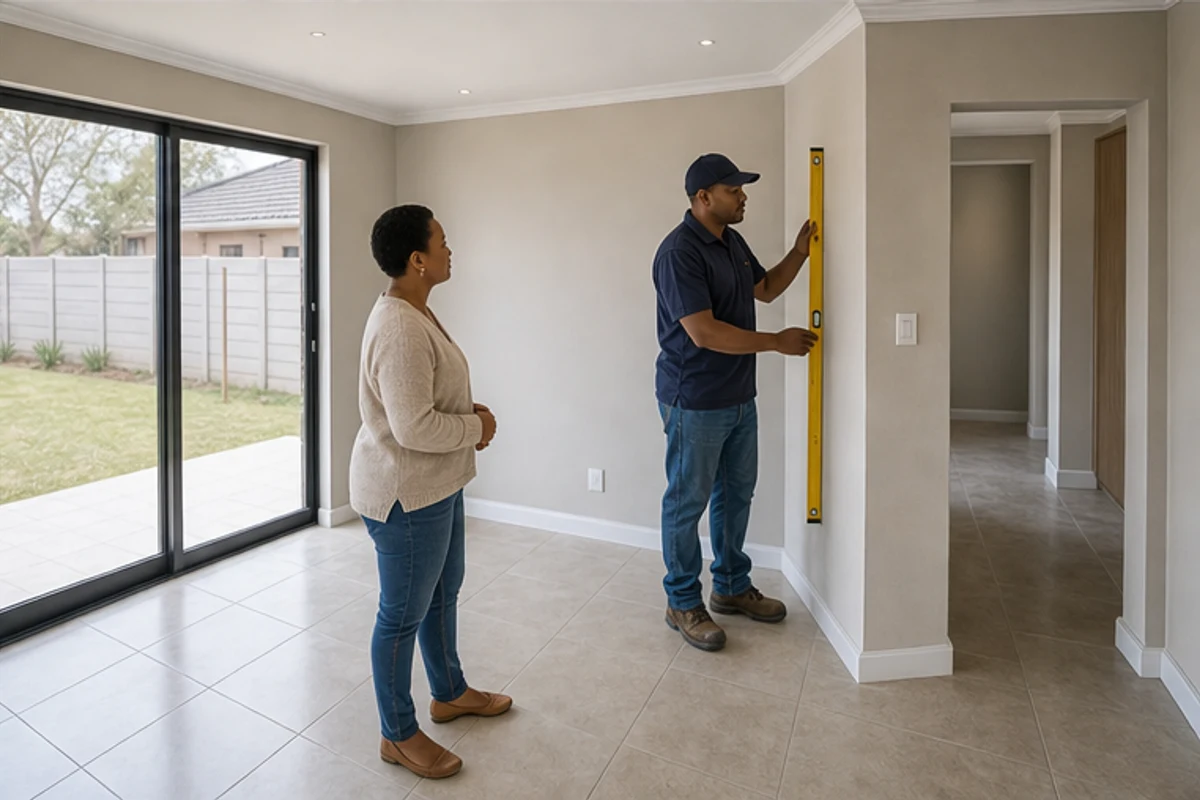 Contractor checking a finished room with a spirit level during final handover