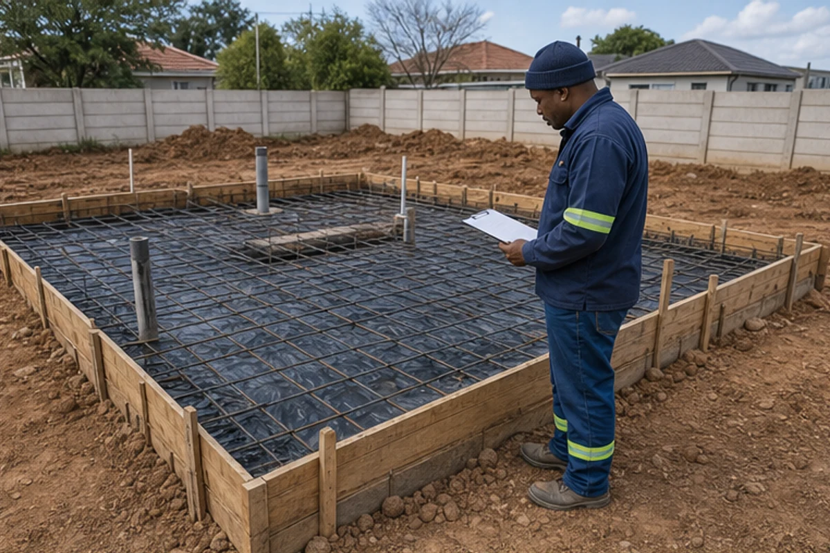 Contractor checking reinforcement and formwork before a foundation pour