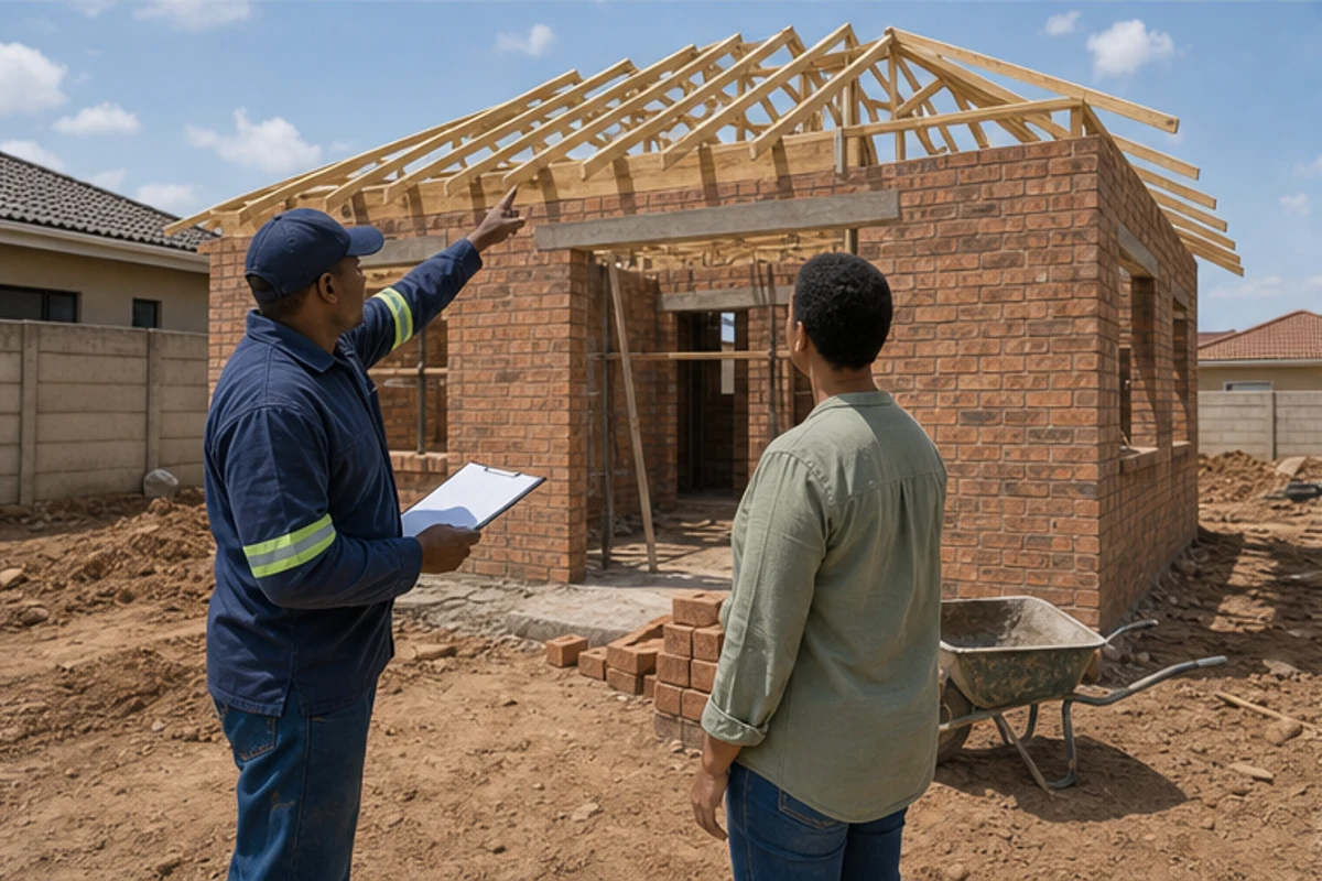 Builder and homeowner reviewing a roof-truss stage on a brick house shell