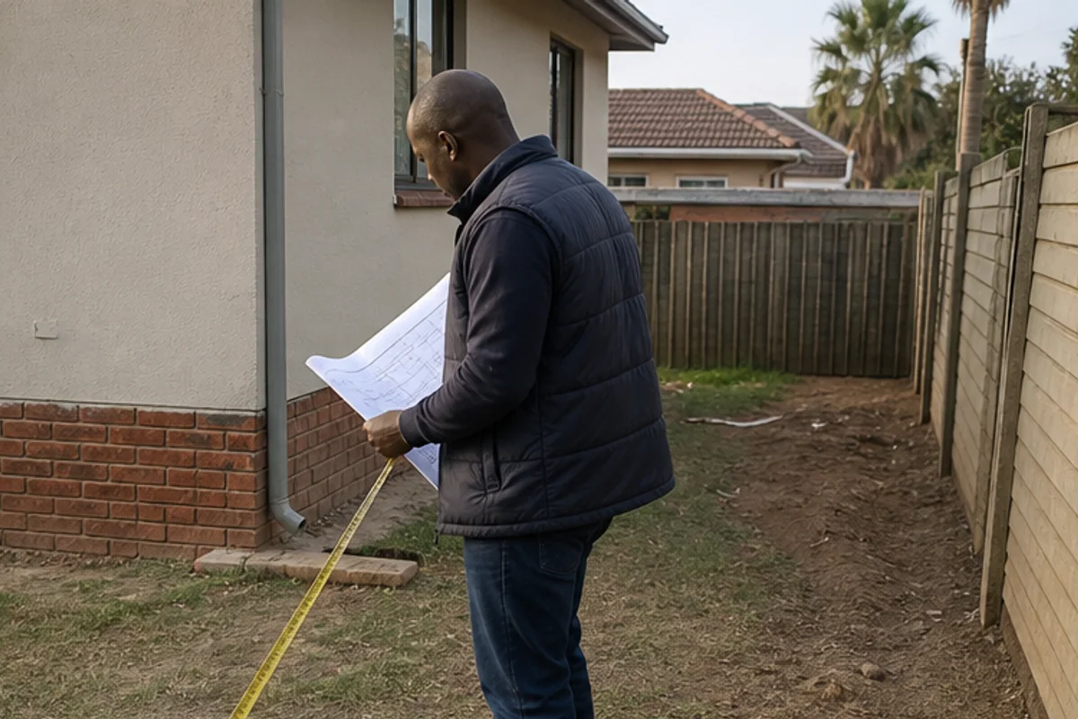 Site assessor checking a boundary line and servitude area beside a home