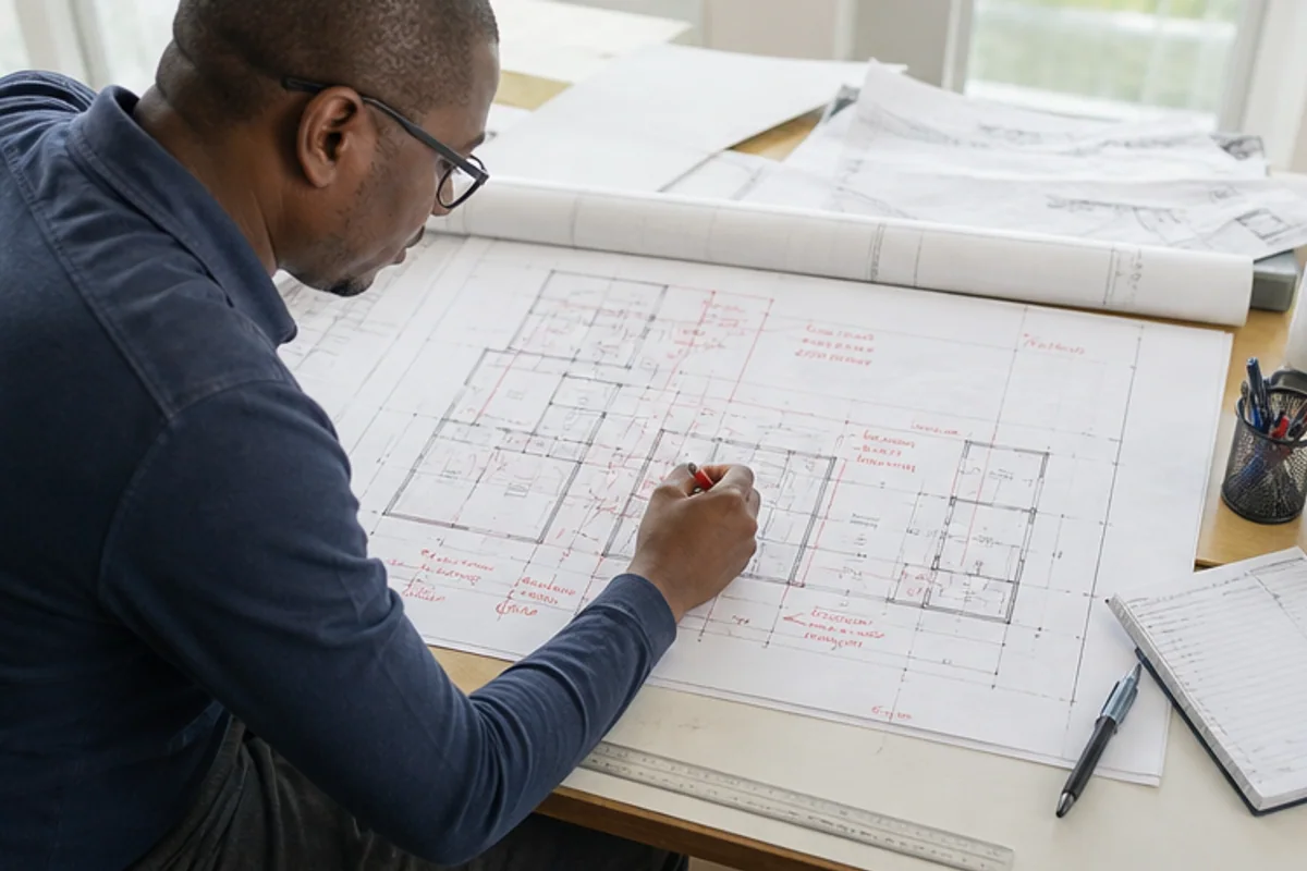Architect marking corrections on rejected building plans at a worktable