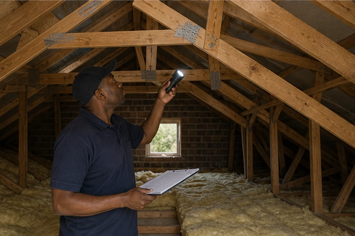 Contractor inspecting roof trusses and ceiling void before an upper-storey addition