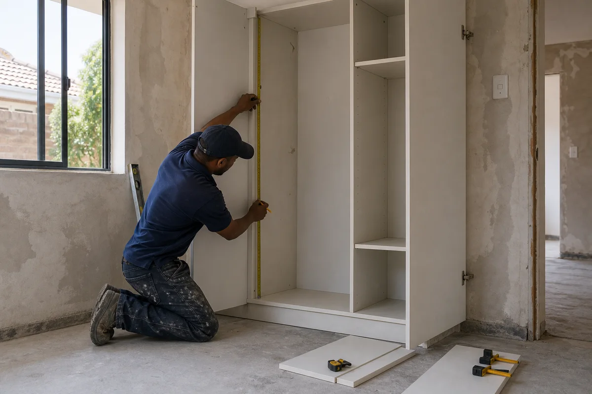 Installer measuring the inside of a built-in cupboard carcass