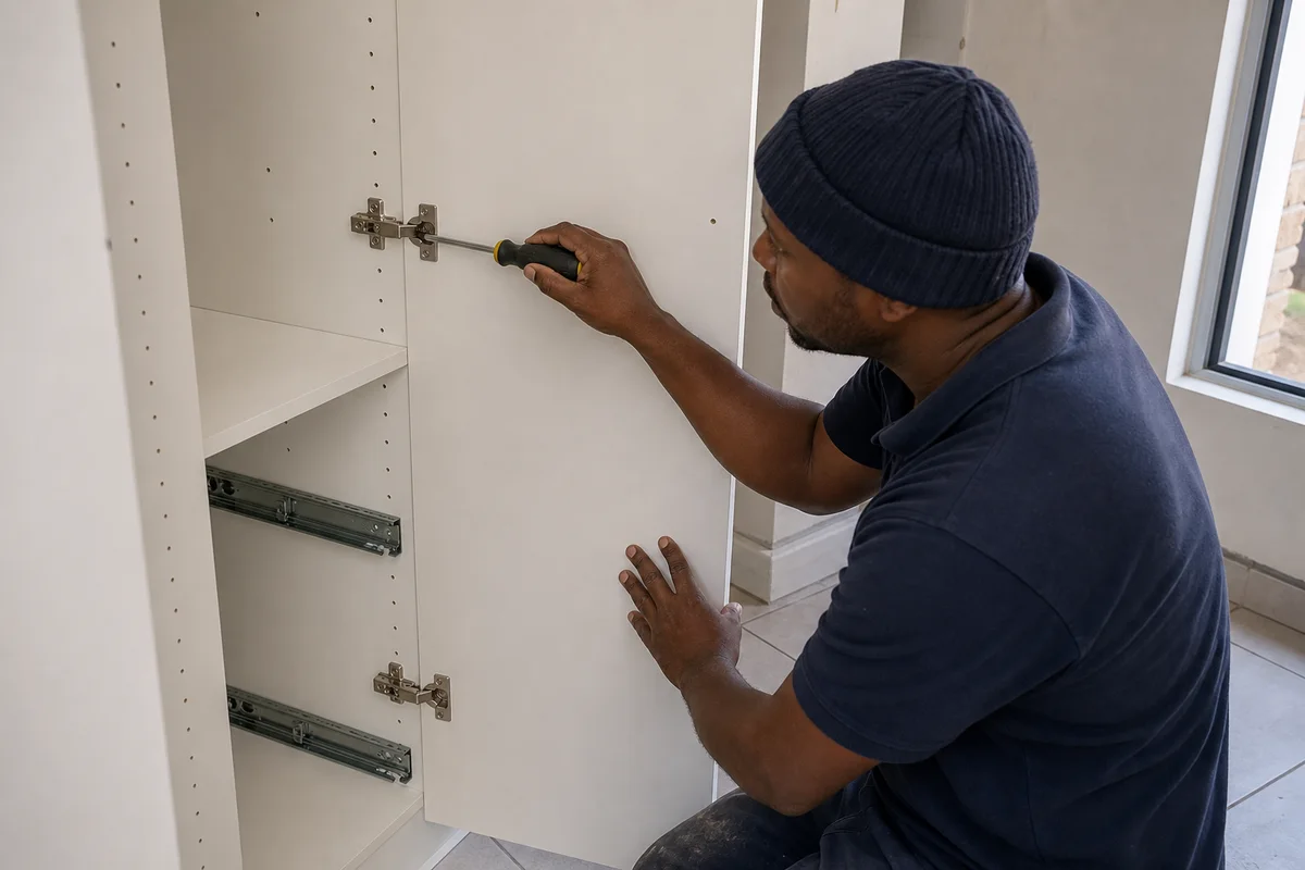 Cupboard installer adjusting concealed hinges with a screwdriver
