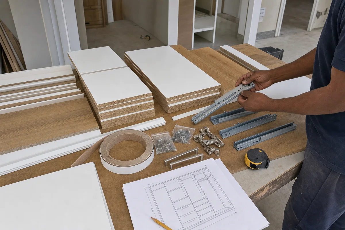 Melamine boards, edge tape and drawer runners laid out for a cupboard project