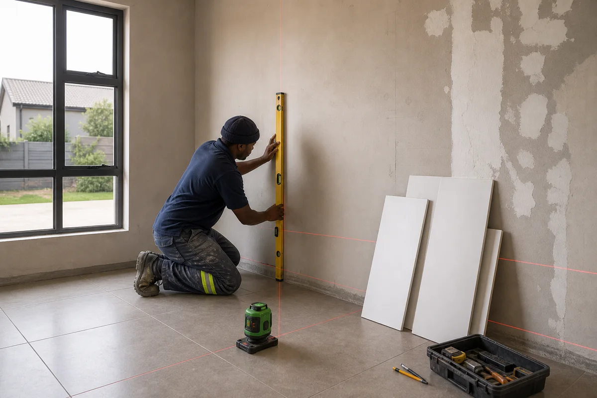 Contractor checking wall level before built-in cupboard installation