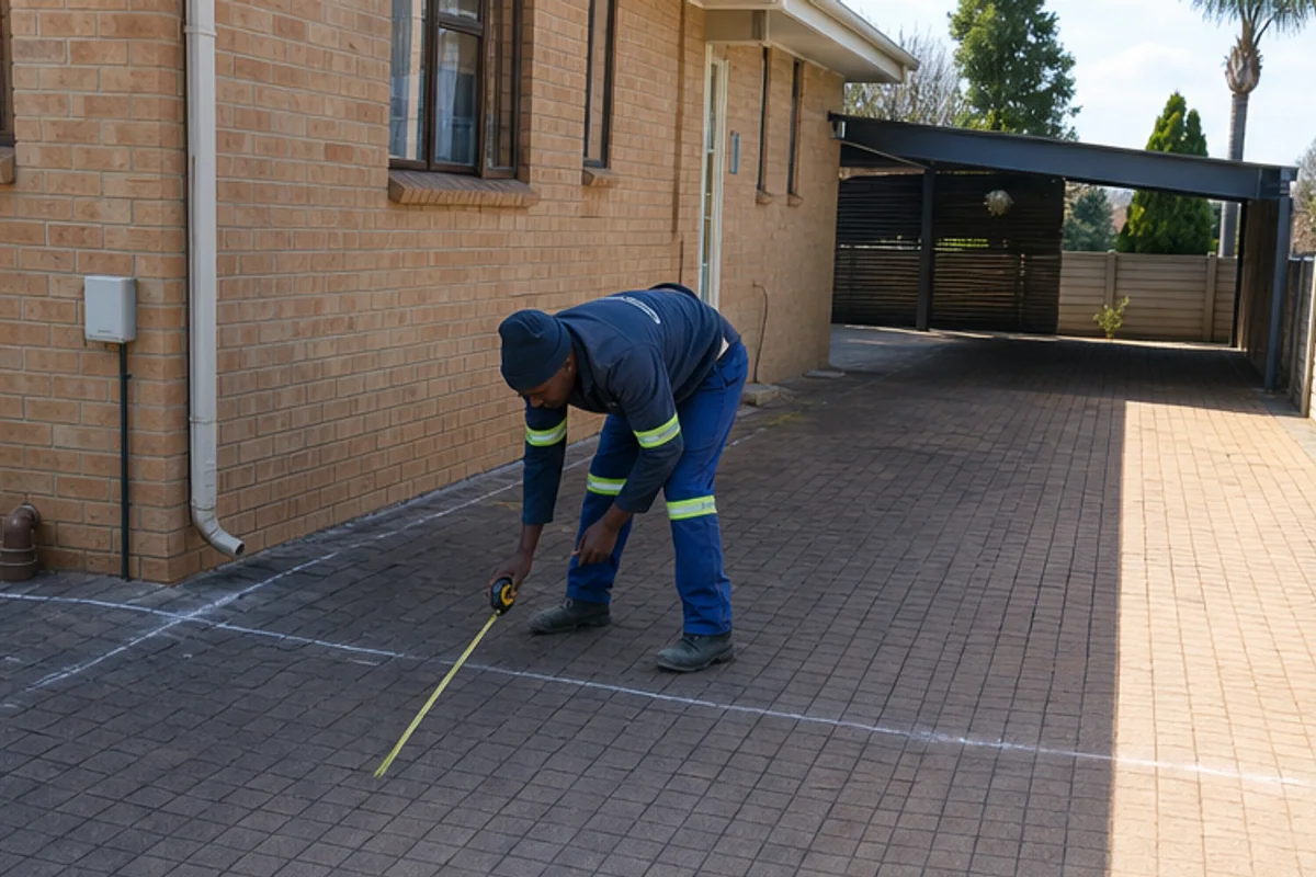 Builder measuring a driveway bay beside a face brick home for a carport