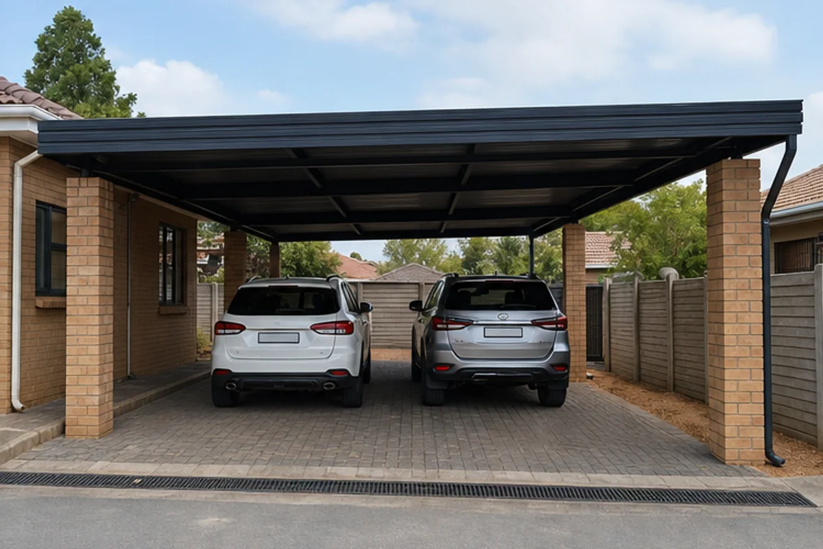 Completed solid roof carport with brick pillars over two vehicles