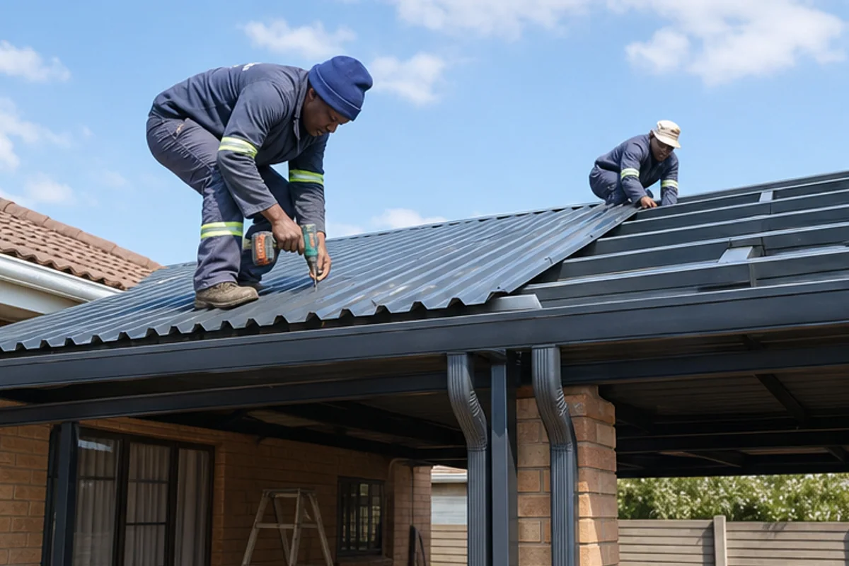 Installers fixing IBR roof sheets onto a steel carport frame