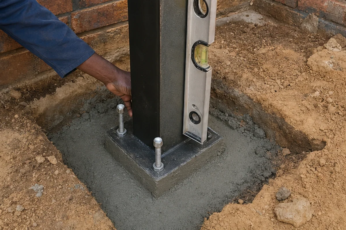 Steel carport post footing being set into concrete with anchor bolts
