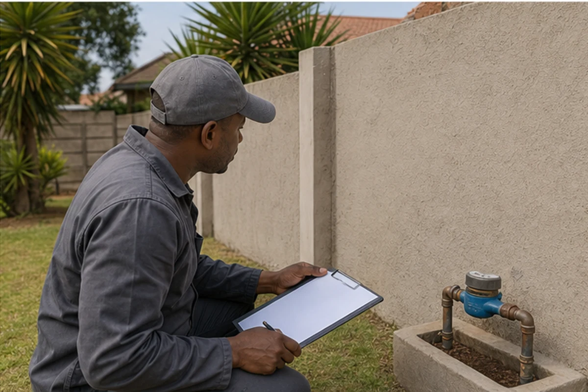 Builder inspecting a repaired boundary wall and water meter area before sale