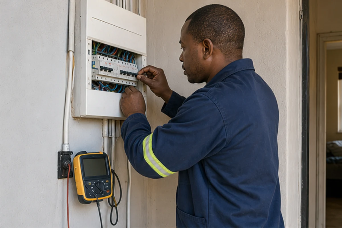 Electrician inspecting a distribution board before a home sale